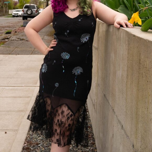 Y2K Vintage black Dress with Sequin Dandelions - Picture 1 of 4